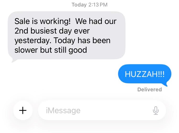Text message from a local optometrist saying the sale is working